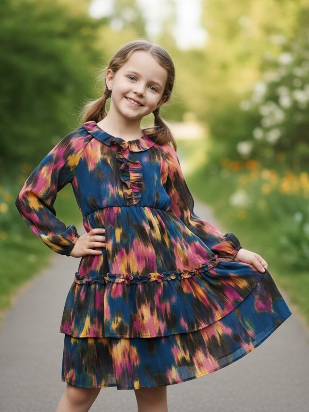 Walking on Sunshine Kids' Long Sleeve Tiered Ruffle Dress NWT Blue Large